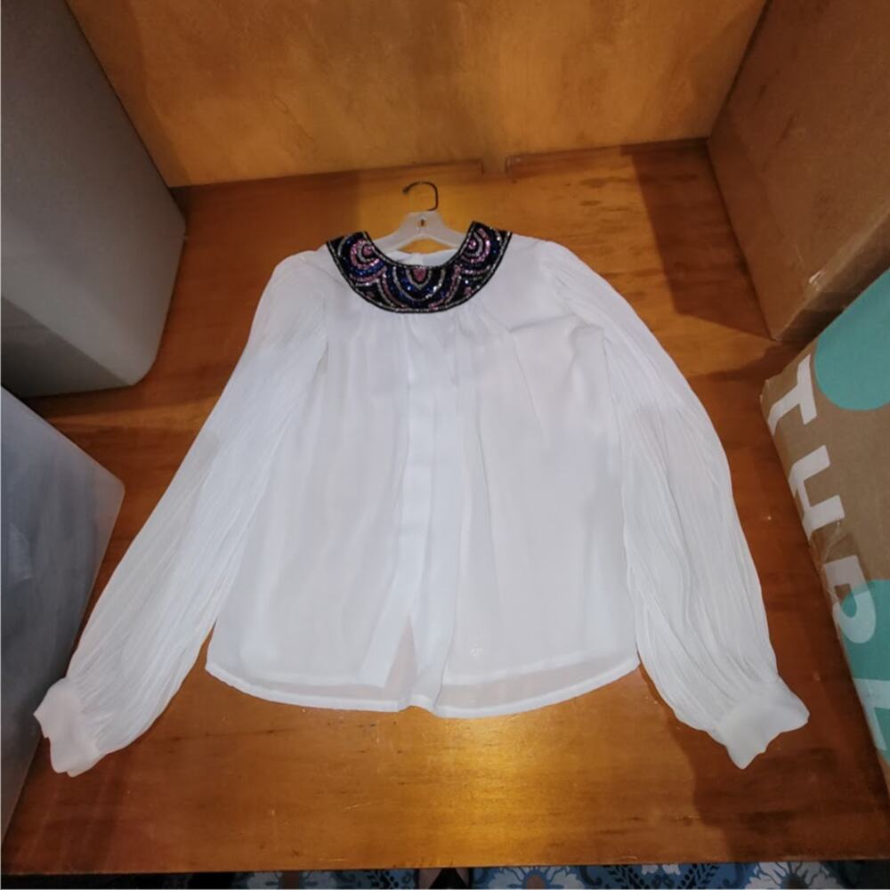 Vintage 80s Jamboree White Beaded Collar Blouse Size 8 Cottagecore Pleated